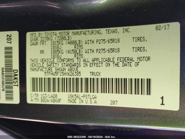 5TFHW5F15HX626385 Toyota Tundra Limited 5.7l V8