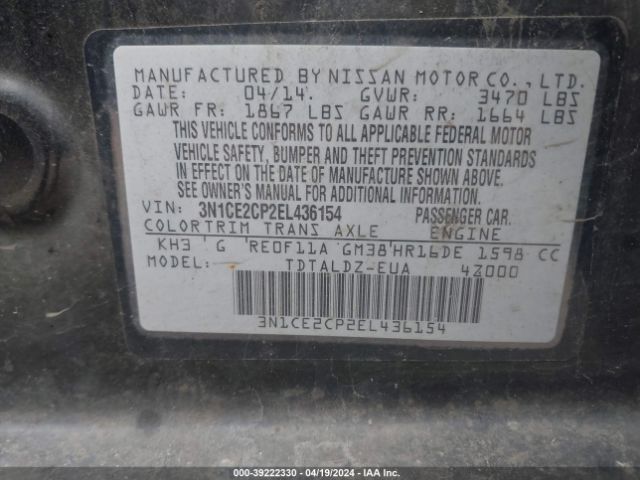 3N1CE2CP2EL436154 Nissan Versa Note Sv