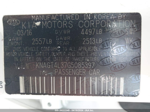 KIA Optima Lx 2016 KNAGT4L37G5085397 Image 9