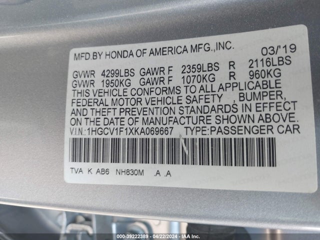 Honda ACCORD LX 2019 1HGCV1F1XKA069667 Image 9
