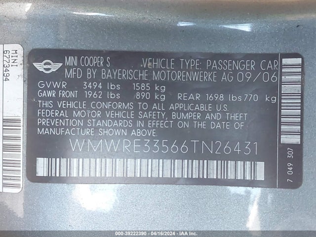 2006 MINI COOPER S WMWRE33566TN26431 Photo 8