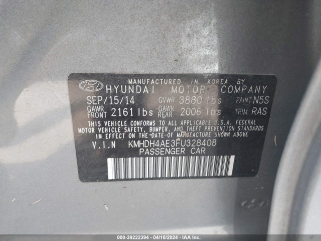 Hyundai Elantra Limited 2015 KMHDH4AE3FU328408 Image 9