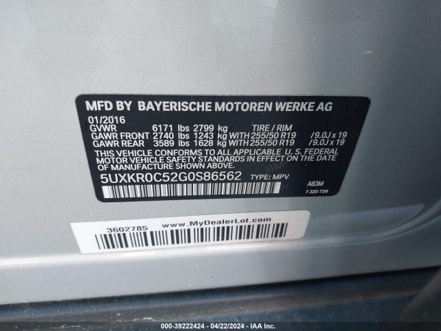 BMW X5 Xdrive35i 2016 5UXKR0C52G0S86562 Image 9