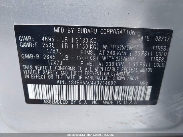 Subaru Outback 2.5i 2018 4S4BSAAC4J3214602 Image 9