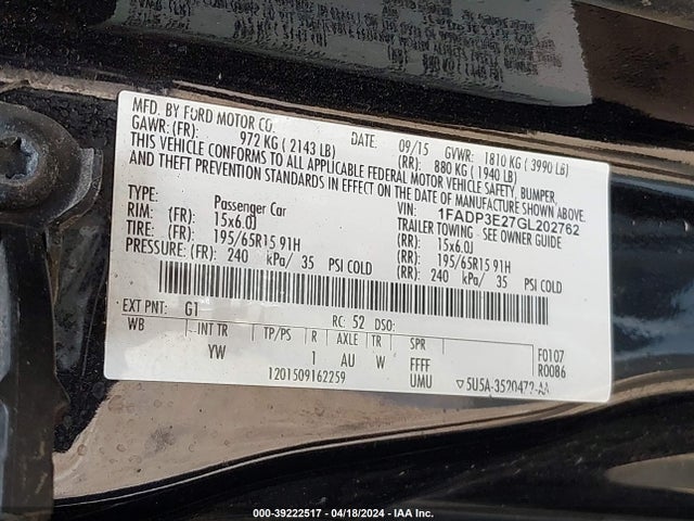 Ford FOCUS S 2016 1FADP3E27GL202762 Image 9
