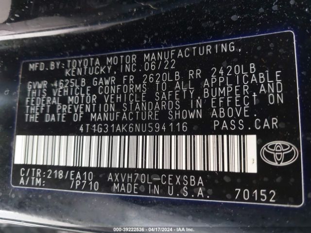 4T1G31AK6NU594116 Toyota Camry Se Hybrid