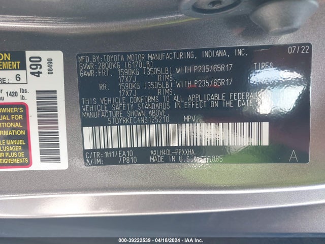 Toyota SIENNA XLE 2022 5TDYRKEC4NS125210 Image 9