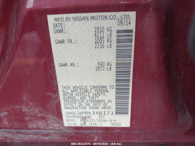 Nissan Altima 2.5 Sl 2015 1N4AL3AP9FN346171 Image 9