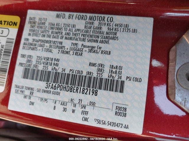 Ford FUSION SE 2014 3FA6P0HD8ER182198 Image 9