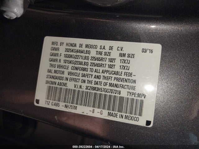 3CZRM3H57GG707318 Honda k24w9/k24v1