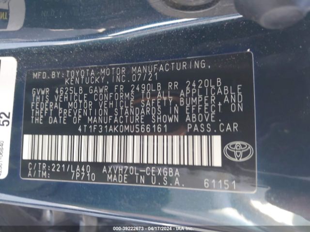 4T1F31AK0MU566161 Toyota Camry Xle Hybrid