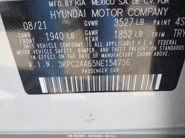 Hyundai ACCENT SE 2022 3KPC24A65NE154736 Image 9
