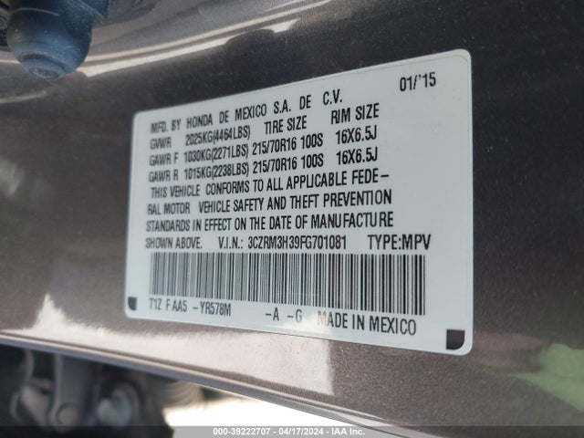 Honda CR-V LX 2015 3CZRM3H39FG701081 Image 9