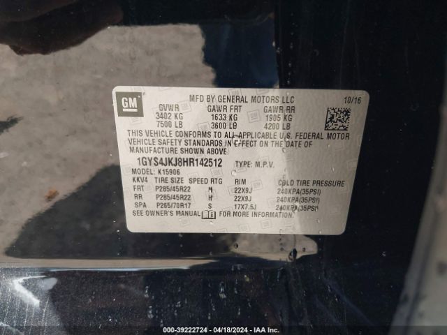 1GYS4JKJ8HR142512 Cadillac Escalade Esv Premium Luxury