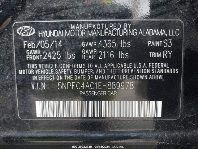 Hyundai SONATA SE 2014 5NPEC4AC1EH889978 Image 9