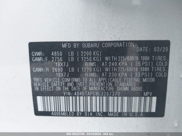 Subaru Outback Touring 2020 4S4BTAPC8L3207370 Image 9