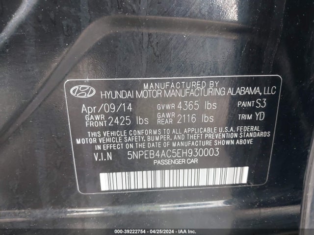 Hyundai SONATA GLS 2014 5NPEB4AC5EH930003 Image 9