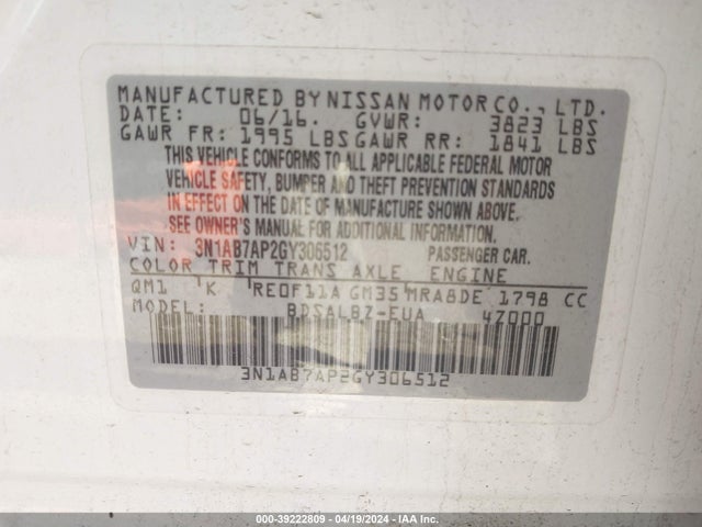 Nissan SENTRA S 2016 3N1AB7AP2GY306512 Image 9