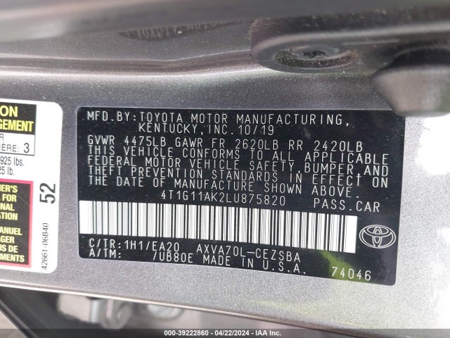 Toyota CAMRY SE 2020 4T1G11AK2LU875820 Image 9
