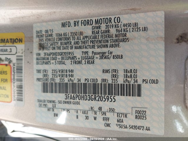 Ford FUSION SE 2016 3FA6P0HD3GR205955 Image 9