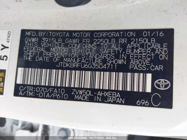 Toyota Prius Two 2016 JTDKBRFU6G3504711 Image 9