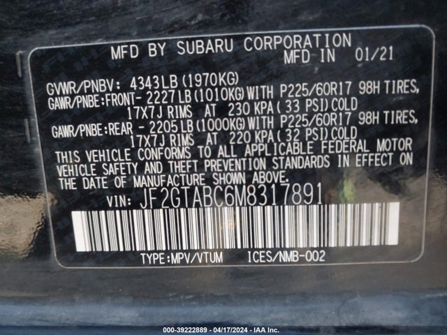 Subaru Crosstrek 2021 JF2GTABC6M8317891 Image 9