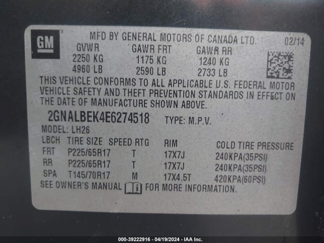 Chevrolet EQUINOX 1LT 2014 2GNALBEK4E6274518 Image 9