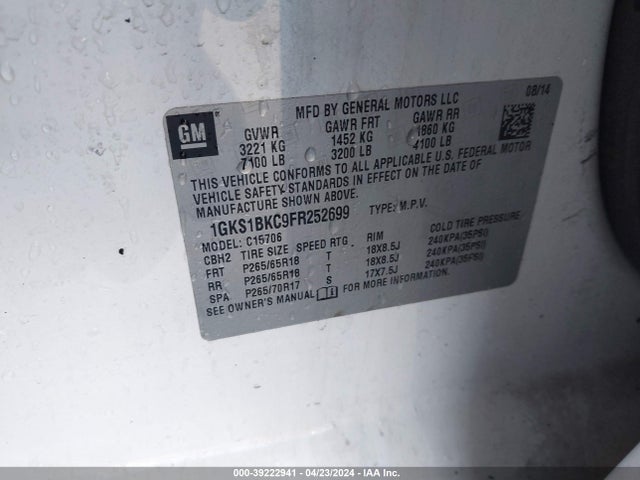 GMC YUKON SLT 2015 1GKS1BKC9FR252699 Image 9