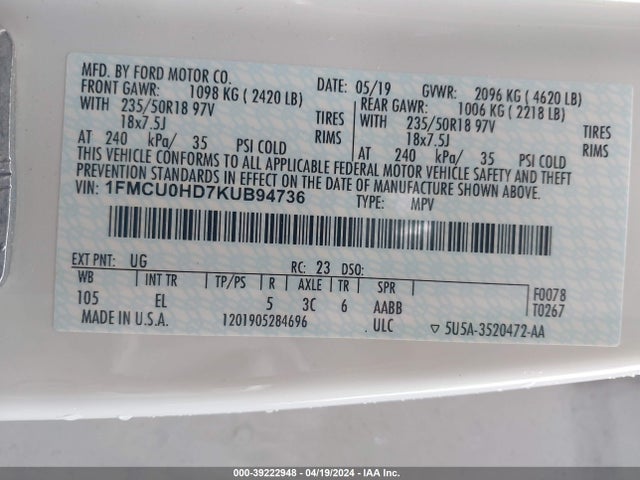 Ford ESCAPE SEL 2019 1FMCU0HD7KUB94736 Image 9
