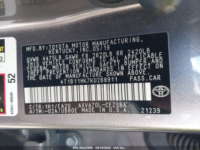 Toyota CAMRY SE 2019 4T1B11HK7KU268911 Image 9