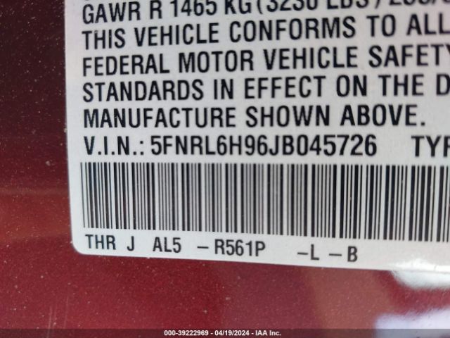 5FNRL6H96JB045726 Honda Odyssey Elite