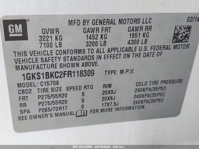 1GKS1BKC2FR118309 GMC YUKON SLT