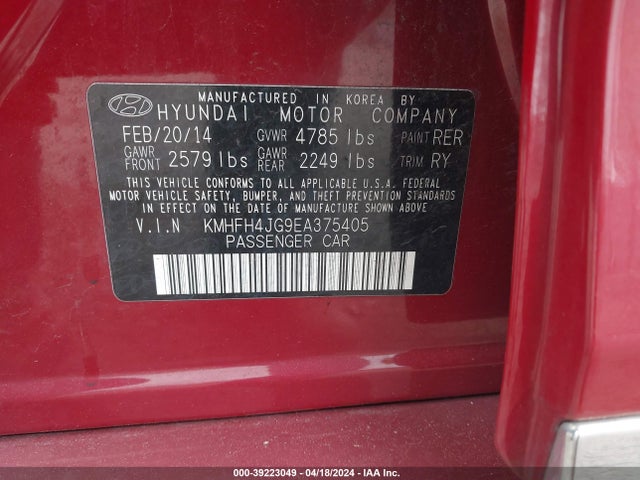 Hyundai Azera Limited 2014 KMHFH4JG9EA375405 Image 9