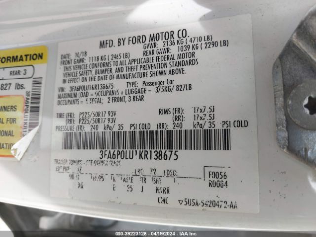 3FA6P0LU1KR138675 Ford Fusion Hybrid Se