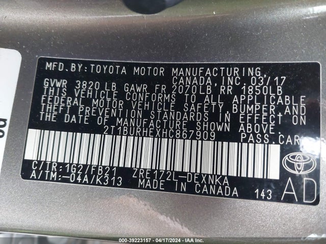 Toyota COROLLA LE 2017 2T1BURHEXHC867909 Image 9