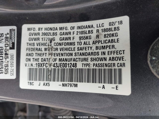 Honda Civic Ex-t 2018 19XFC1F43JE001248 Image 9