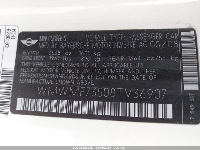 2008 MINI COOPER S WMWMF73508TV36907 Photo 8