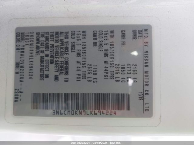 3N6CM0KN9LK694224 Nissan Nv200 Compact Cargo S Xtronic Cvt