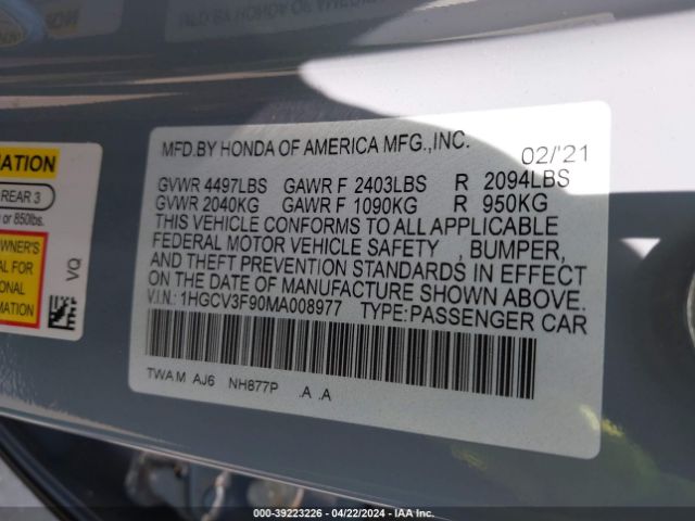 1HGCV3F90MA008977 Honda Accord Hybrid Touring