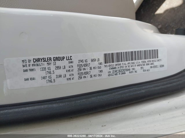 2012 Chrysler Town & Country Touring მანქანა იყიდება აუქციონზე, vin: 2C4RC1BG3CR376040, აუქციონის ნომერი: 39223288