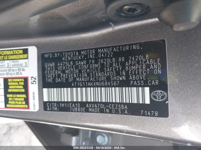 Toyota CAMRY SE 2022 4T1G11AKXNU684567 Image 9