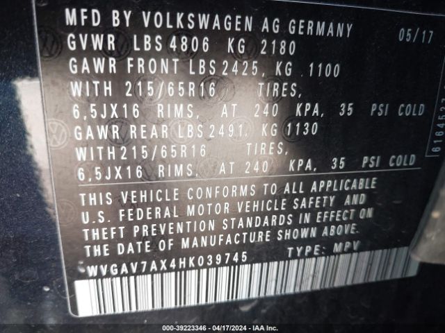WVGAV7AX4HK039745 Volkswagen Tiguan 2.0t/2.0t S