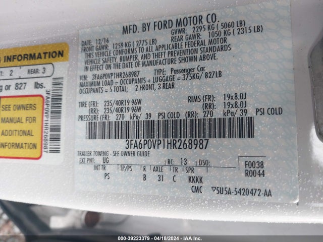 3FA6P0VP1HR268987 Ford Fusion Sport