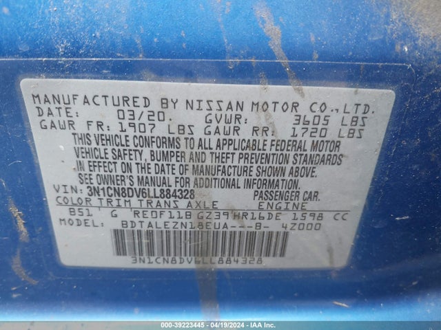 Nissan Versa S Xtronic Cvt 2020 3N1CN8DV6LL884328 Image 9