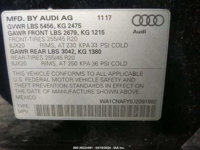 WA1CNAFY5J2091882 Audi Q5 2.0t Premium/2.0t Tech Premium