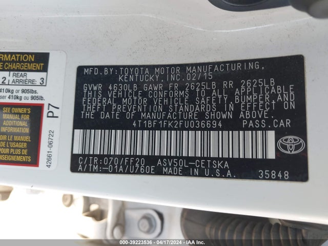 Toyota CAMRY SE 2015 4T1BF1FK2FU036694 Image 9