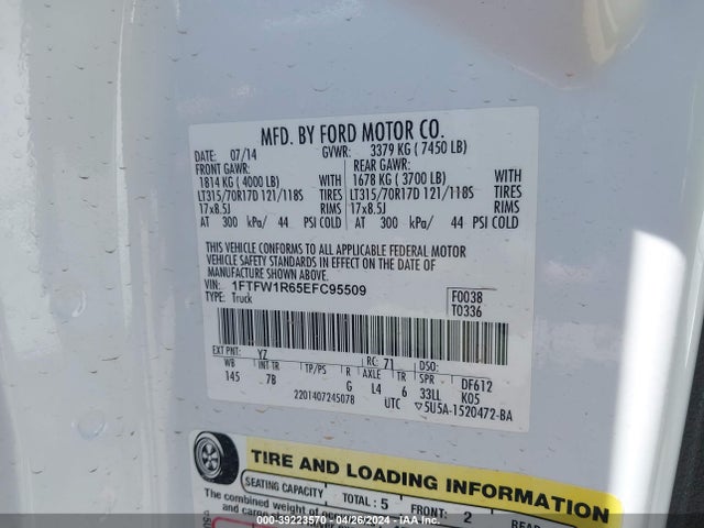 Ford F-150 Svt Raptor 2014 1FTFW1R65EFC95509 Image 9