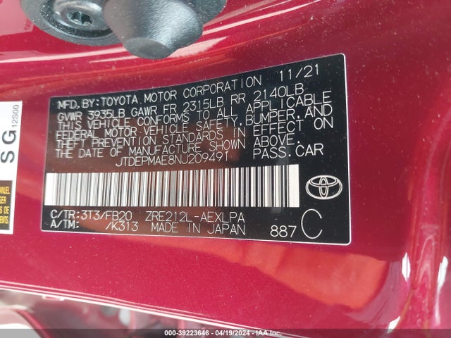 Toyota COROLLA LE 2022 JTDEPMAE8NJ209491 Image 9