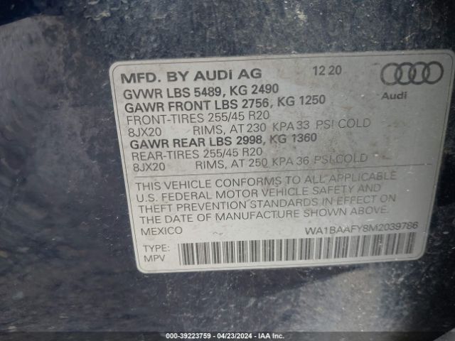 WA1BAAFY8M2039786 Audi Q5 Premium Plus 45 Tfsi Quattro S Tronic