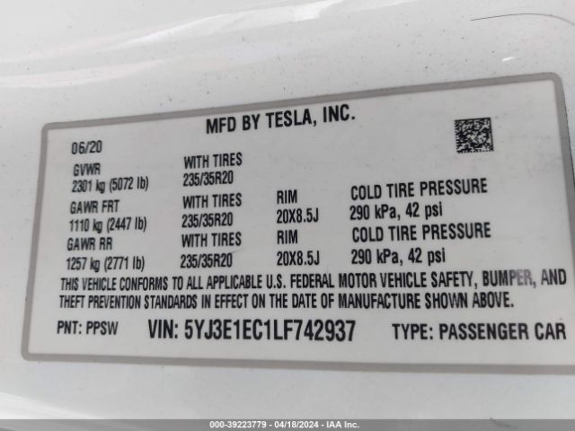 5YJ3E1EC1LF742937 Tesla Model 3 Performance Dual Motor All-wheel Drive